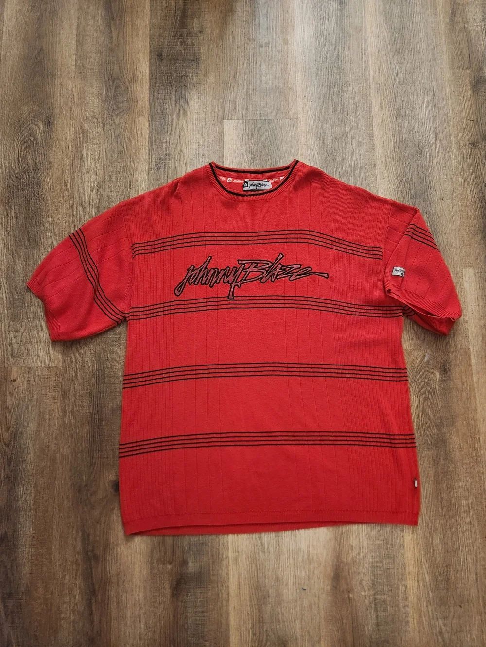 Johnny Blaze 2XL Red Short-Sleeve Knit Tee with Black Stripe Script Detail